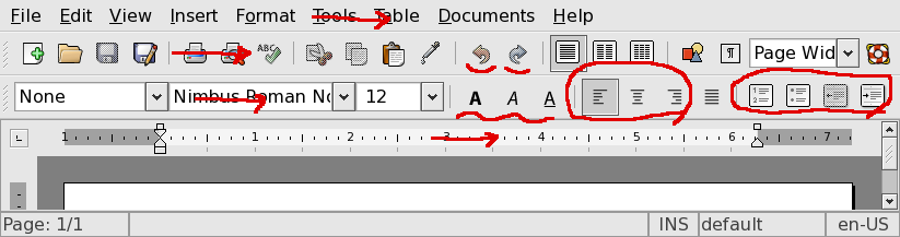 An annotated screen-shot of AbiWord, under en_US locale