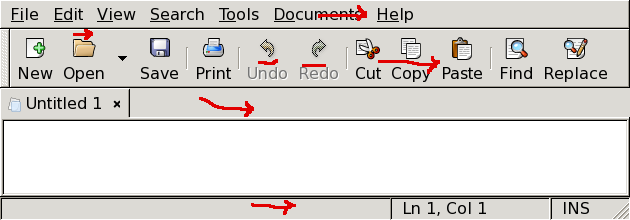An annotated screen-shot of gedit, under en_US locale