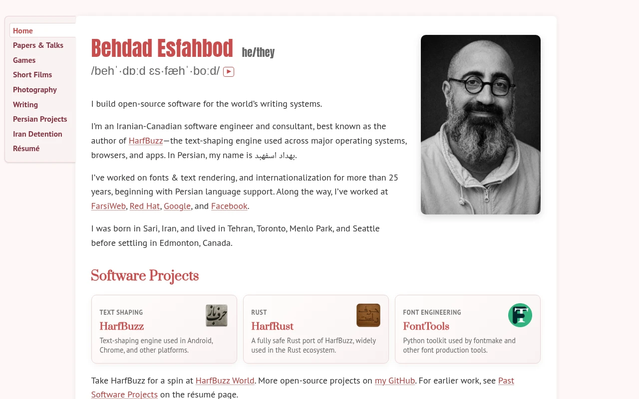 behdad.org homepage with its red typography, portrait, and software project cards