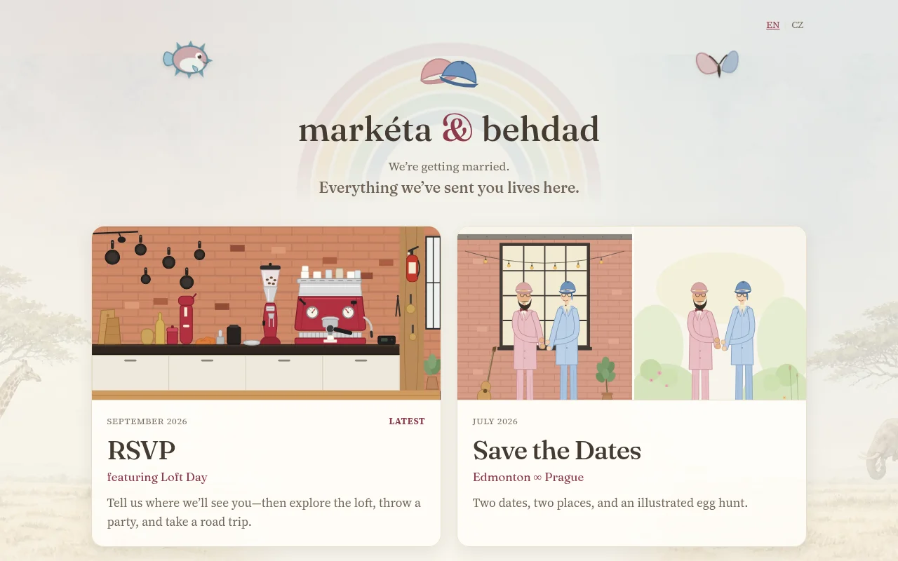 Wedding website with illustrated invitation cards and the markéta & behdad heading
